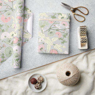 Papier Cadeau Fleurs vert rose Motif botanique