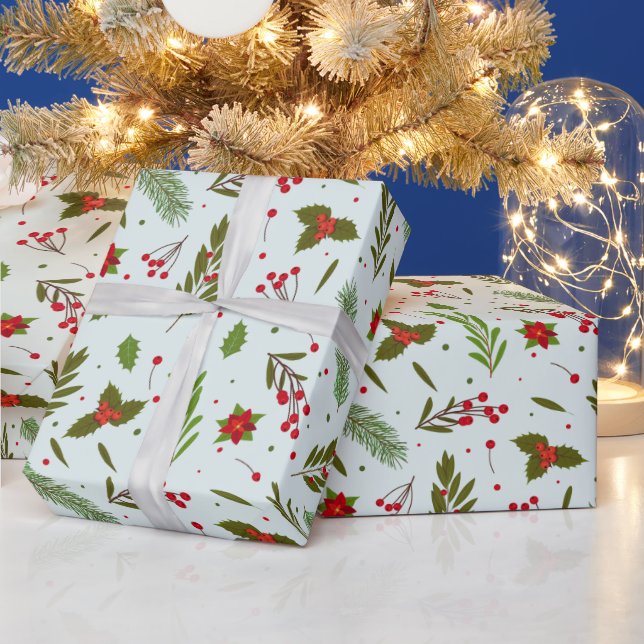 Papier Cadeau Fleurs vertes de Noël Berries Vert Noël (Vacances)