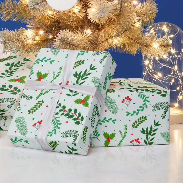 Papier Cadeau Fleurs vertes de Noël Berries Vert Noël (Vacances)