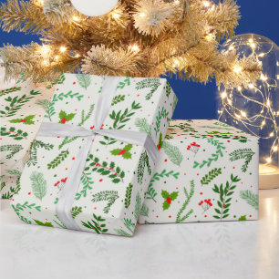 Papier Cadeau Fleurs vertes de Noël Berries Vert Noël