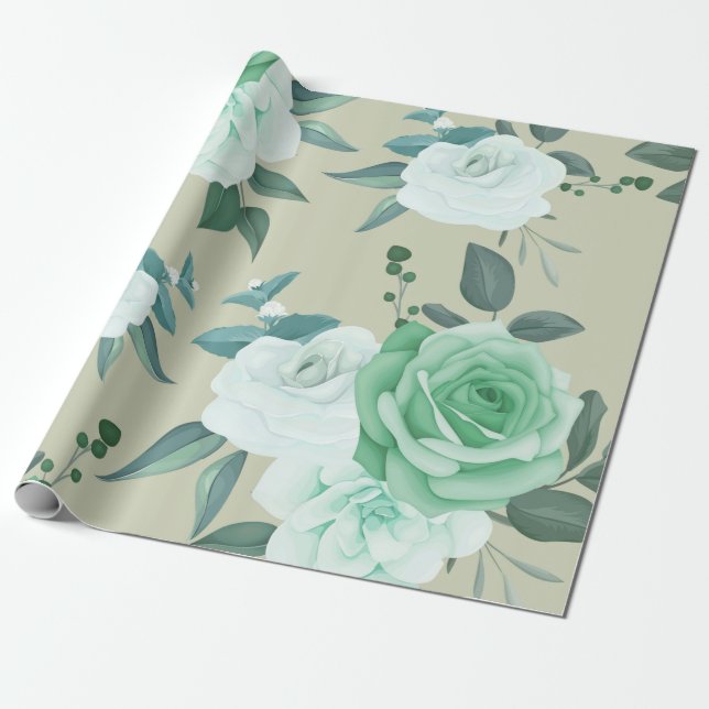 Papier Cadeau Fleurs vertes et blanches (Déroulé)