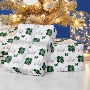 Papier Cadeau Fleurs vertes foncées et Couronnes d'argent