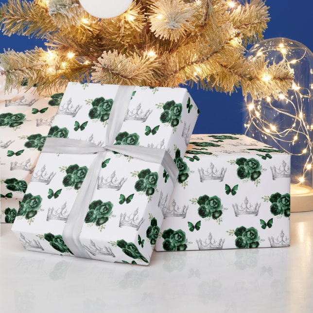 Papier Cadeau Fleurs vertes foncées et Couronnes d'argent (Vacances)
