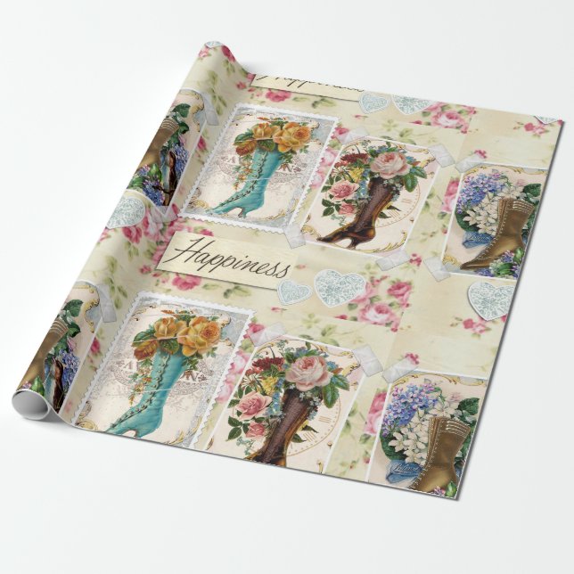 Papier Cadeau Fleurs vintages en Bottes (Déroulé)