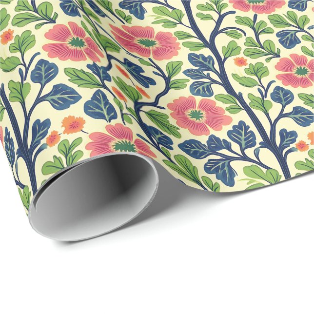 Papier Cadeau Fleurs vintages roses et florales Feuillage vert (Coin rond)