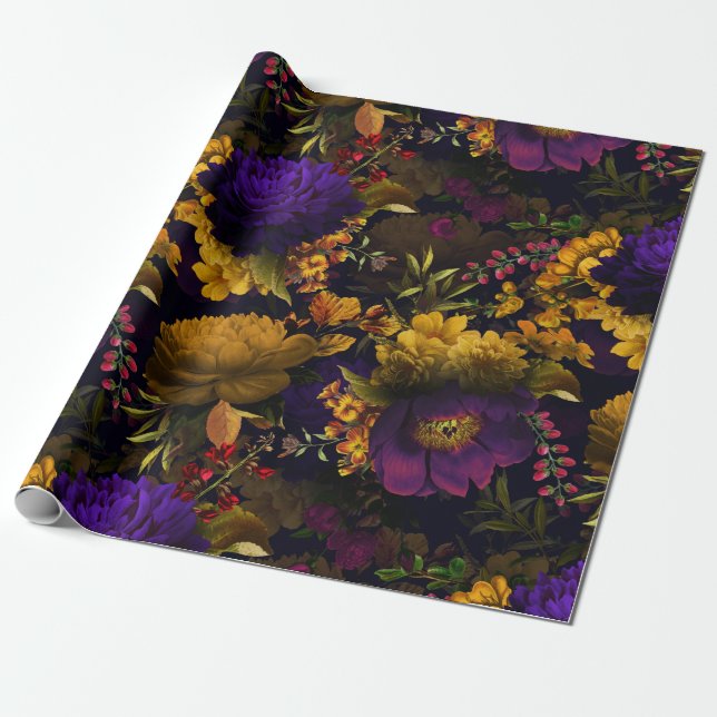 Papier Cadeau Fleurs violettes jaunes sombres et luxuriantes mot (Déroulé)