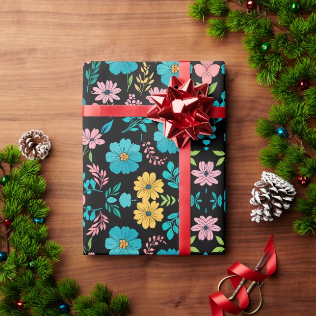 Papier Cadeau Fleurs Whimsmiques sur le Blackground de minuit (Cadeau de vacances)