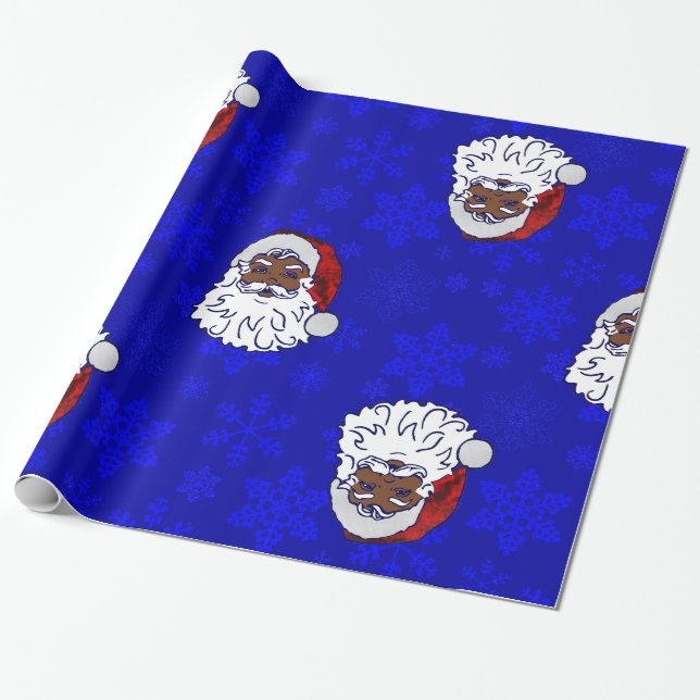 Papier Cadeau flocon bleu de Noël noir père Noël (Déroulé)