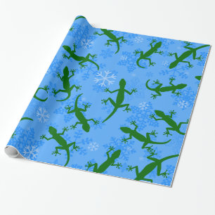 Papier Cadeau flocon de neige bleu de noël geckos reptile