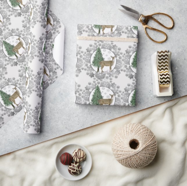 Papier Cadeau Flocon de neige en argent avec cerf blanc (Artisanat)