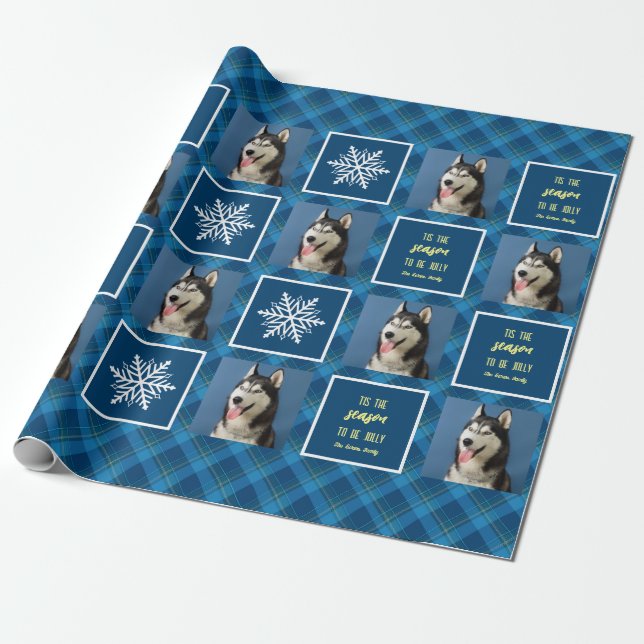 Papier Cadeau Flocon de neige & Favoris. Photo. Bleu. (Déroulé)