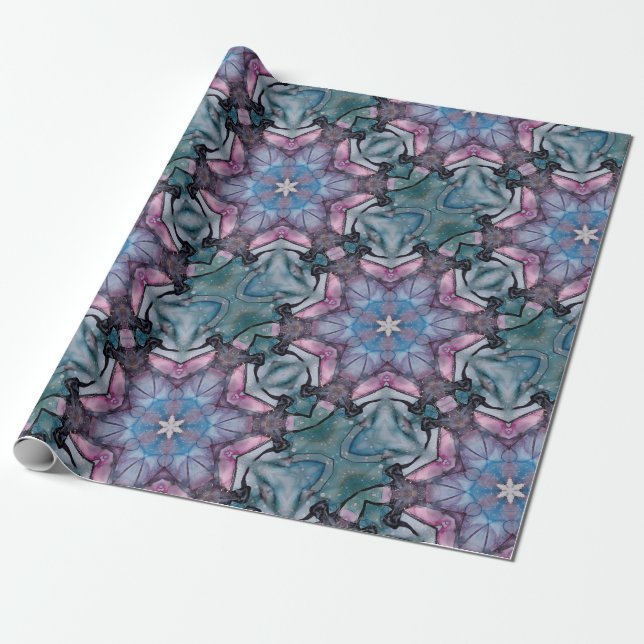 Papier Cadeau Flocon de neige floral rose bleu vert (Déroulé)