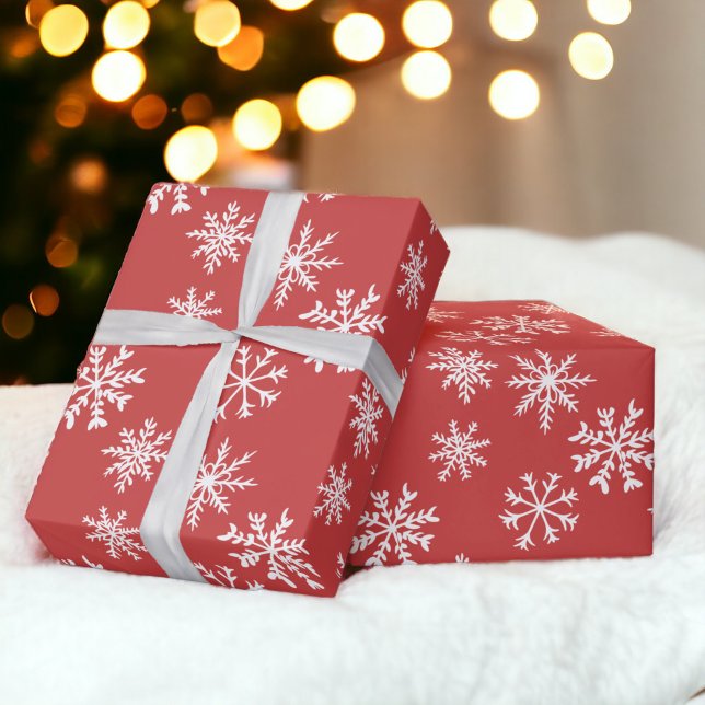 Papier Cadeau Flocon de neige rouge et blanc Motif de Noël d'hiv (Red and White Snowflake Winter Christmas Pattern Wrapping Paper)