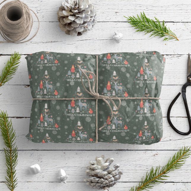 Papier Cadeau Flocon de neige Scandinave rennes arbre vert anima (Créateur téléchargé)
