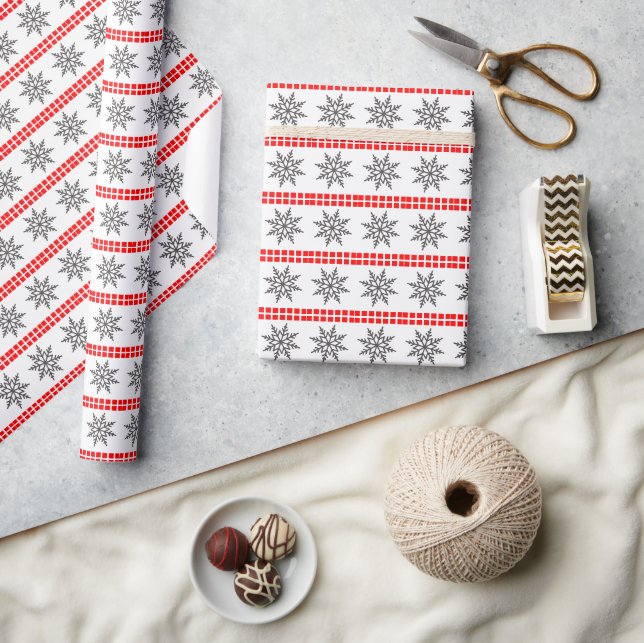 Papier Cadeau Flocon de Noël nordique motif gris rouge blanc (Artisanat)
