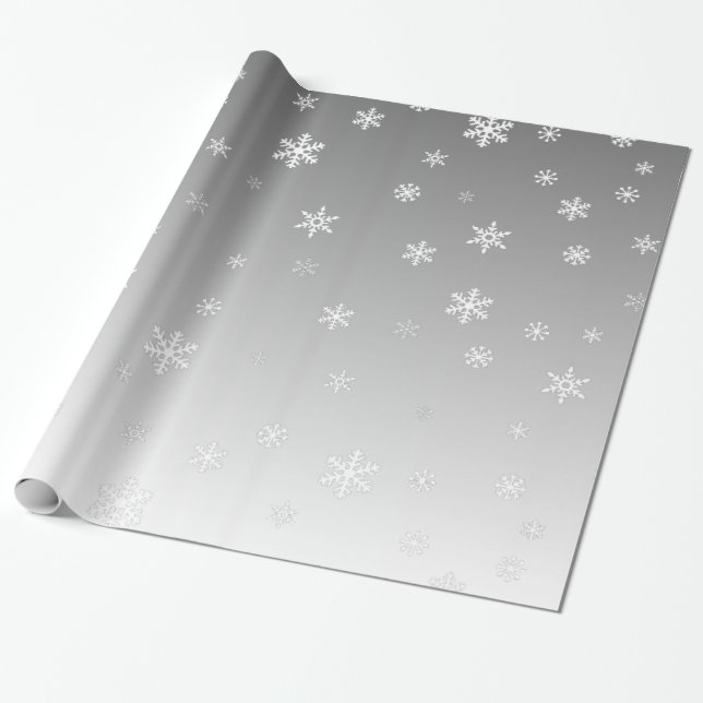 Papier Cadeau Flocons de neige blancs sur l'argent (Déroulé)