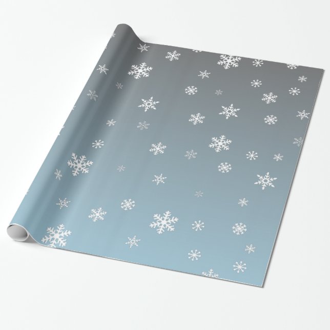 Papier Cadeau Flocons de neige blancs sur le bleu argenté (Déroulé)