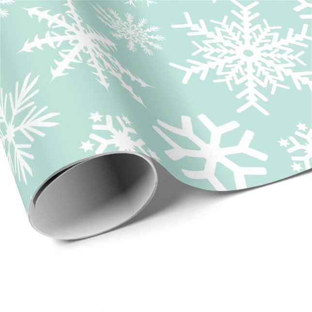 Papier Cadeau Flocons de neige blancs verts en bon état (Coin rond)