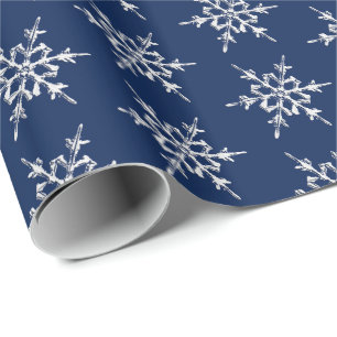 Papier Cadeau Flocons de neige, cristaux argentés sur le bleu