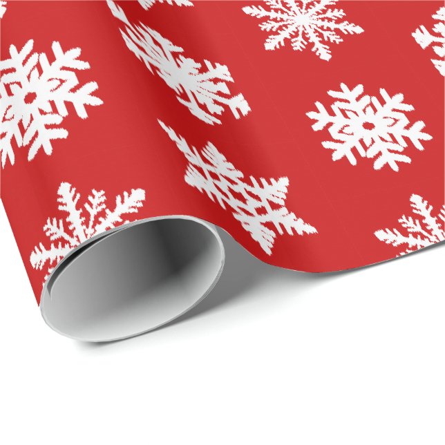 Papier Cadeau Flocons de neige d'Ikat - rouge foncé et blancs (Coin rond)