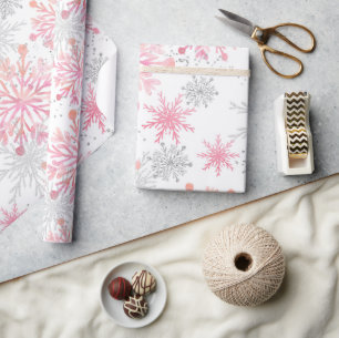 Papier Cadeau Flocons de neige hivernaux à paillettes roses et a