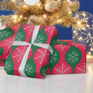 Papier Cadeau Flocons de Noël sur ogee vert rouge rétro