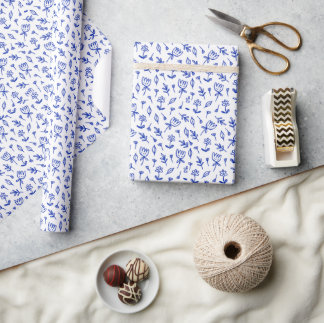 Papier Cadeau Floral bleu et blanc