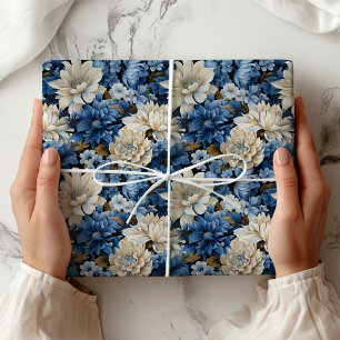 Papier cadeau floral bleu ivoire blanc glamour