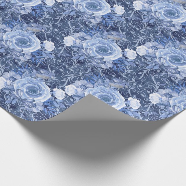Papier Cadeau Floral bleu marine et rose blanche (Coin)