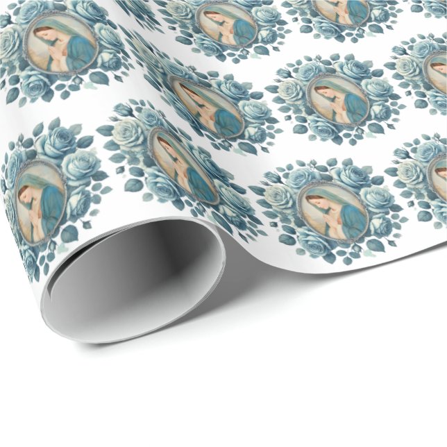 Papier Cadeau Floral Bleu Vierge Marie - Marian (Coin rond)