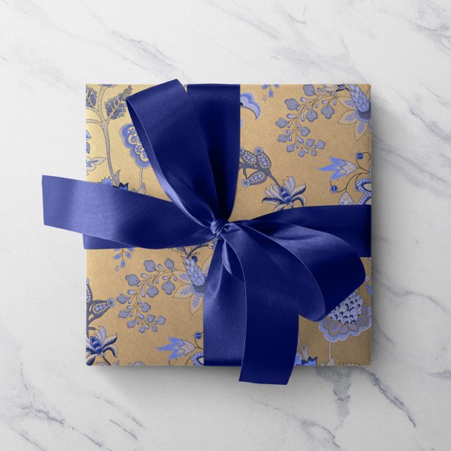Papier Cadeau Floral Blue Gold Delicate Oriental Gold Foxier (Floral Blue Gold Delicate Oriental Gold Foxier Wrapping Paper)