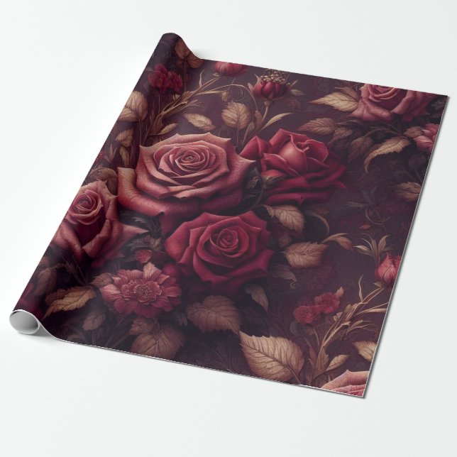 Papier cadeau floral - Bourgogne et rouge (Déroulé)