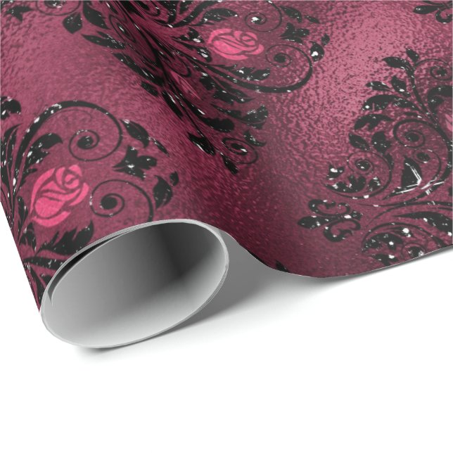Papier Cadeau Floral Bridal Damask Black Rose Parties scintillan (Coin rond)