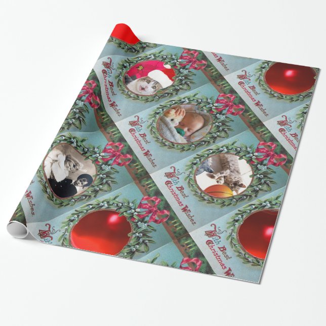 PAPIER CADEAU FLORAL CHRISTMAS CROWN, MODÈLE PHOTO RED RIBBON (Déroulé)