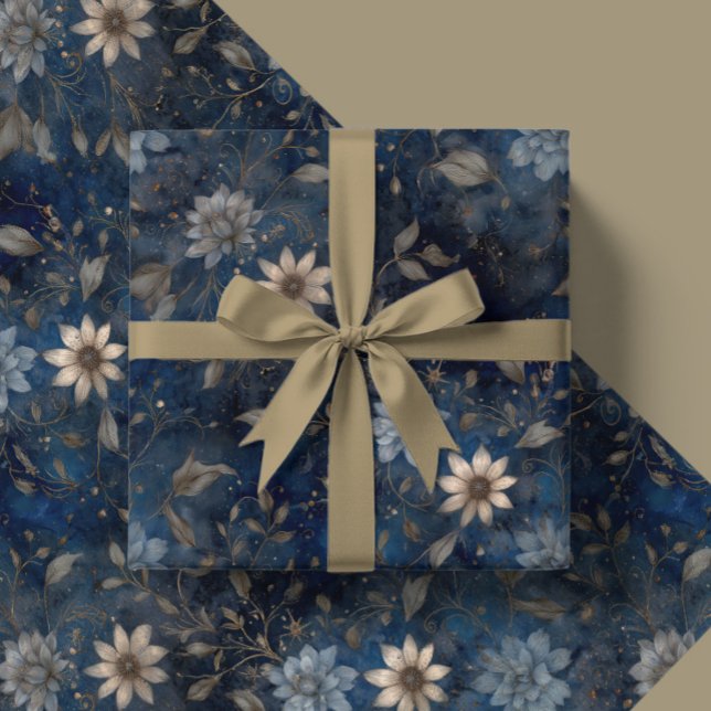 Papier Cadeau Floral Christmas Midnight Blue and Cream Gift  (Créateur téléchargé)