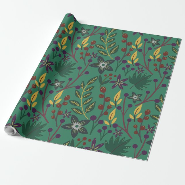 Papier Cadeau Floral continu fleurs motif vert arrière - plan (Déroulé)