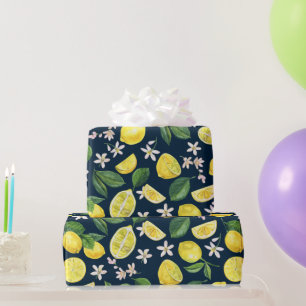 Papier Cadeau Floral de citron bleu marine