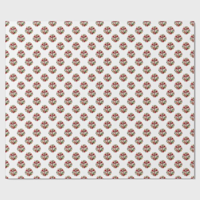 Papier Cadeau Floral Grace – Seamless Cross & Lily Wreath (Plat)