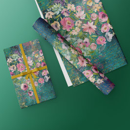 Papier Cadeau Floral Heart Gold Romantique écriture manuscrite