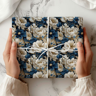 Papier cadeau floral ivoire blanc bleu opulent