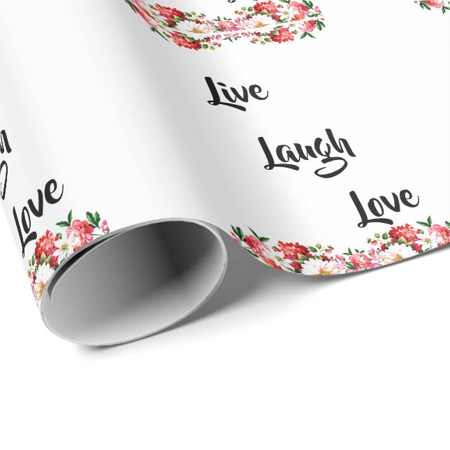 Papier Cadeau Floral "Live, Laugh, Love" Élégant (Coin rond)