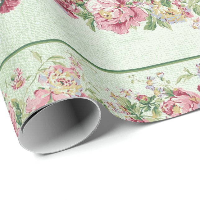 Papier Cadeau Floral Mint Green Roses rose Pearly Pastel Vip (Coin rond)