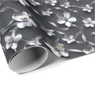 Papier Cadeau Floral noir argent 25e anniversaire Mariage
