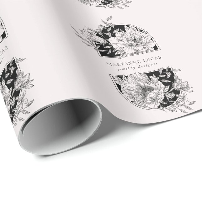 Papier Cadeau Floral noir et blanc élégant (Coin rond)