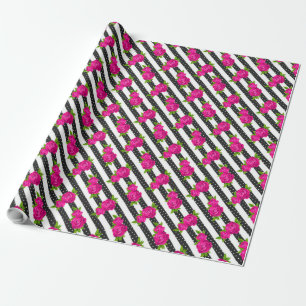 Papier Cadeau Floral Pink en stripes verticales