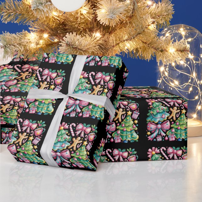 Papier Cadeau Floral Preppy Xmas Tree Bow Coquette bleu rose (Vacances)