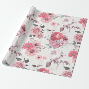 Papier Cadeau Floral rose et argent