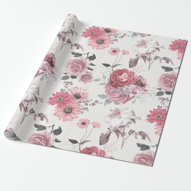 Papier Cadeau Floral rose et argent (Déroulé)