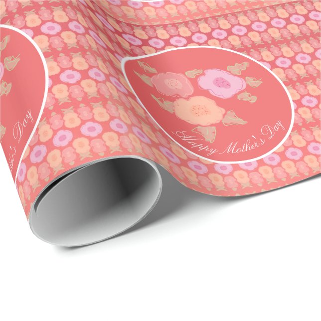 Papier Cadeau Floral Rose Et Corail (Coin rond)