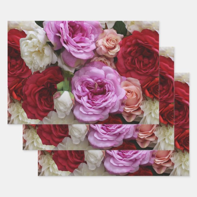 Papier cadeau floral rose et rouge, 3 feuilles (Lot)